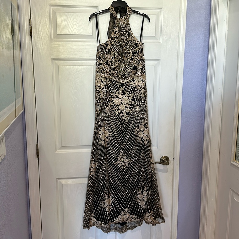 Beaded Embroidered Black & Gold Formal Gown Two Piece Prom Maxi Dave & Johnny